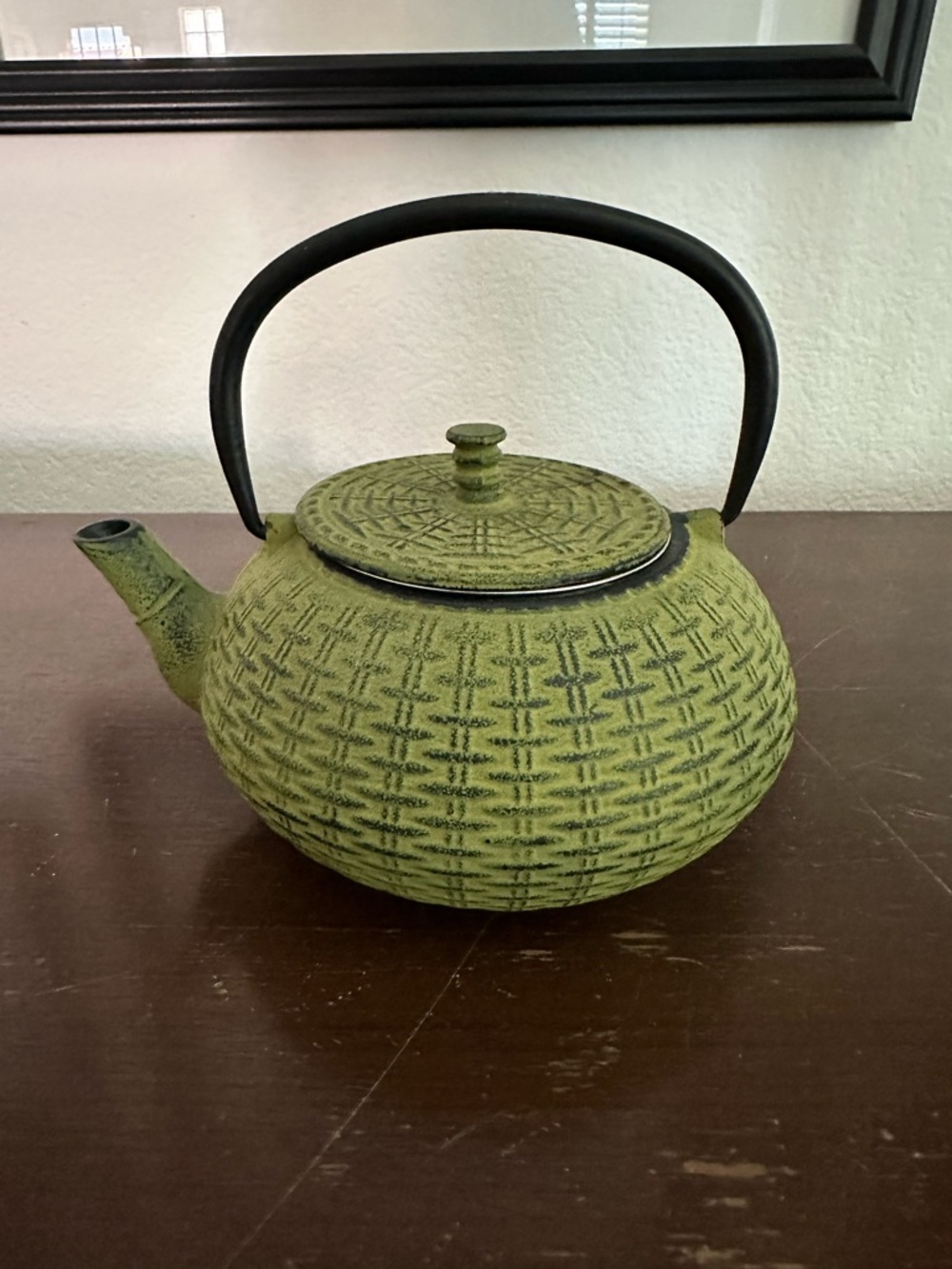 Textured Green Cast Iron Teapot with Black Handle